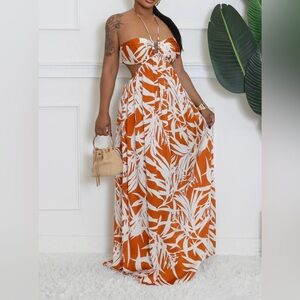 Plus size halter neck cognac summer maxi dress